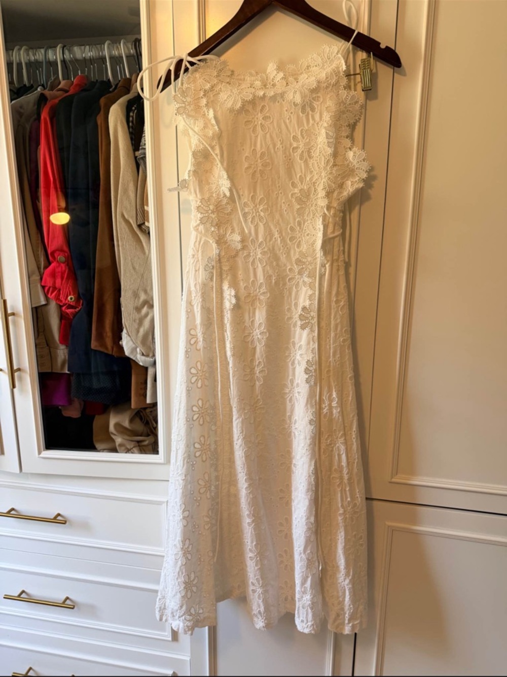 Women's White Lace Midi Dress with Floral Appliqué